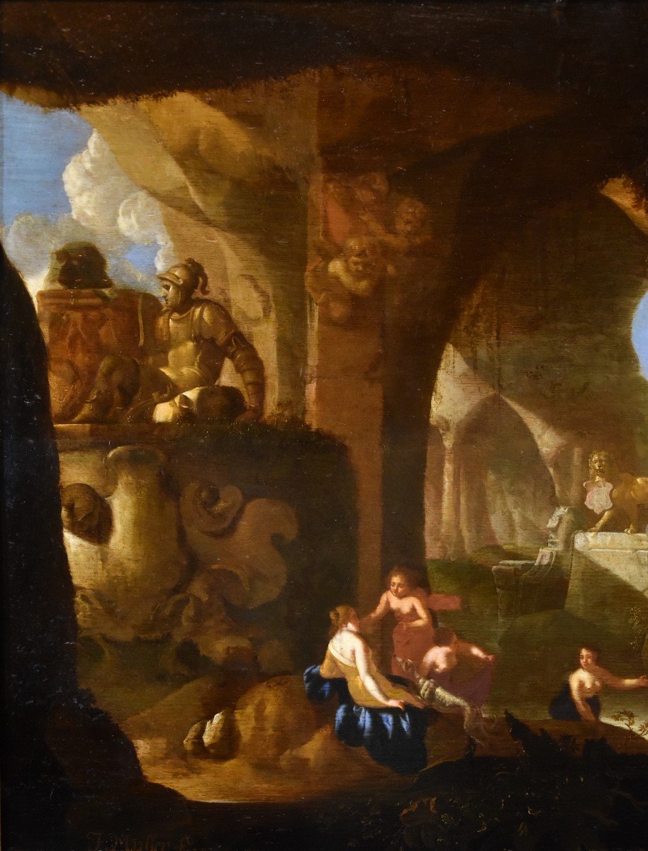 Diana e le ninfe al bagno in una grotta, Jacques Muller (Utrecht 1630 - 1680) Firmato: ‘J. Mull-photo-1