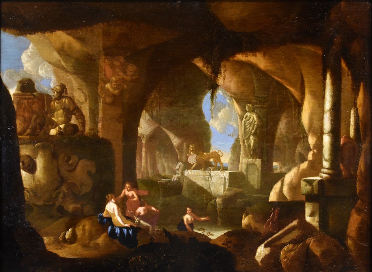 Diana e le ninfe al bagno in una grotta, Jacques Muller (Utrecht 1630 - 1680) Firmato: ‘J. Mull