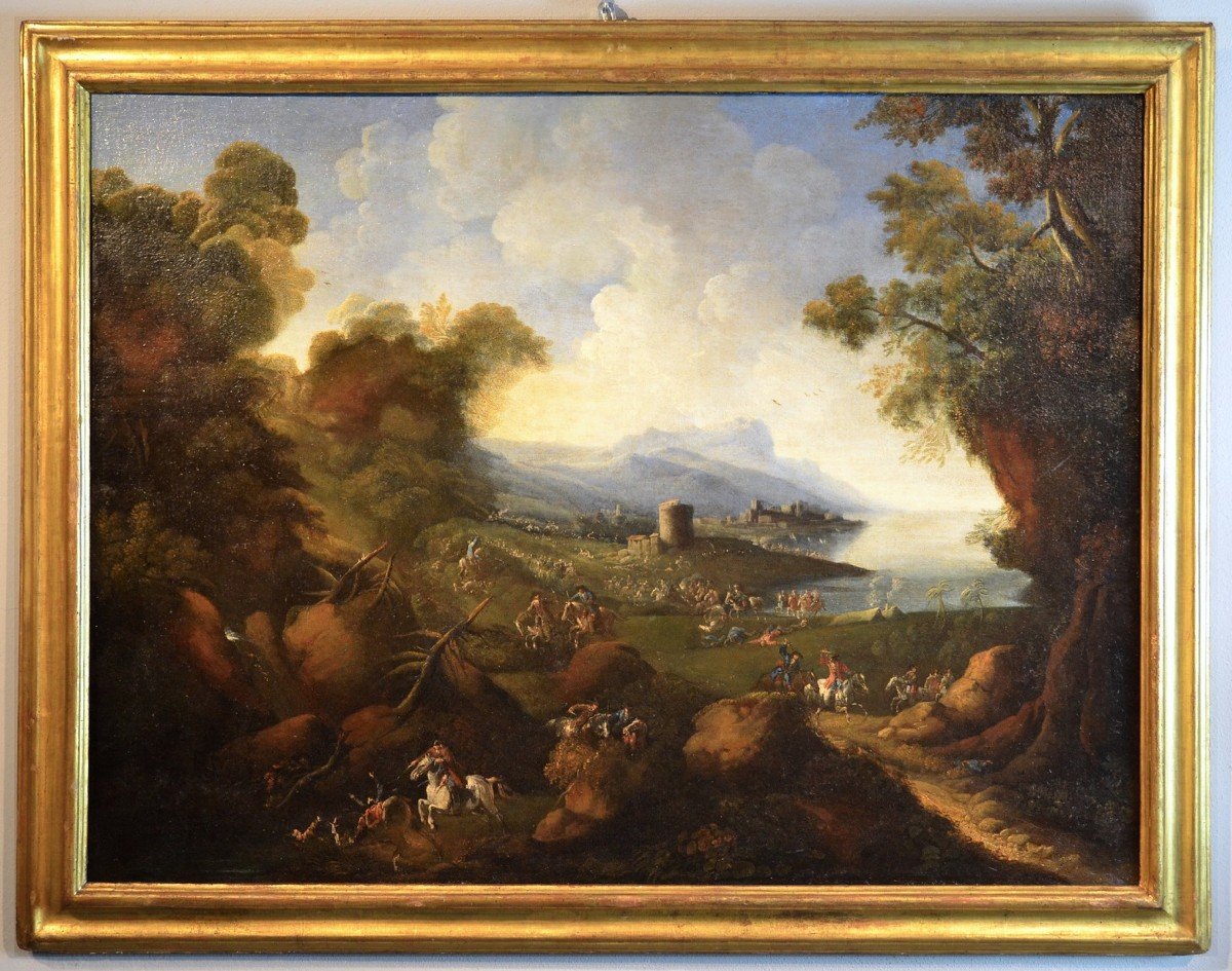 Pandolfo Reschi (1643 - 1699 ), Paesaggio costiero con città fortificata, torrione, e scena di -photo-2