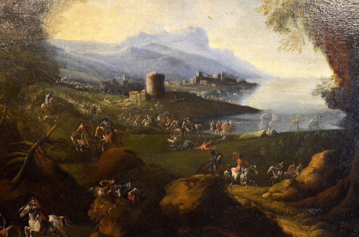 Pandolfo Reschi (1643 - 1699 ), Paesaggio costiero con città fortificata, torrione, e scena di -photo-4