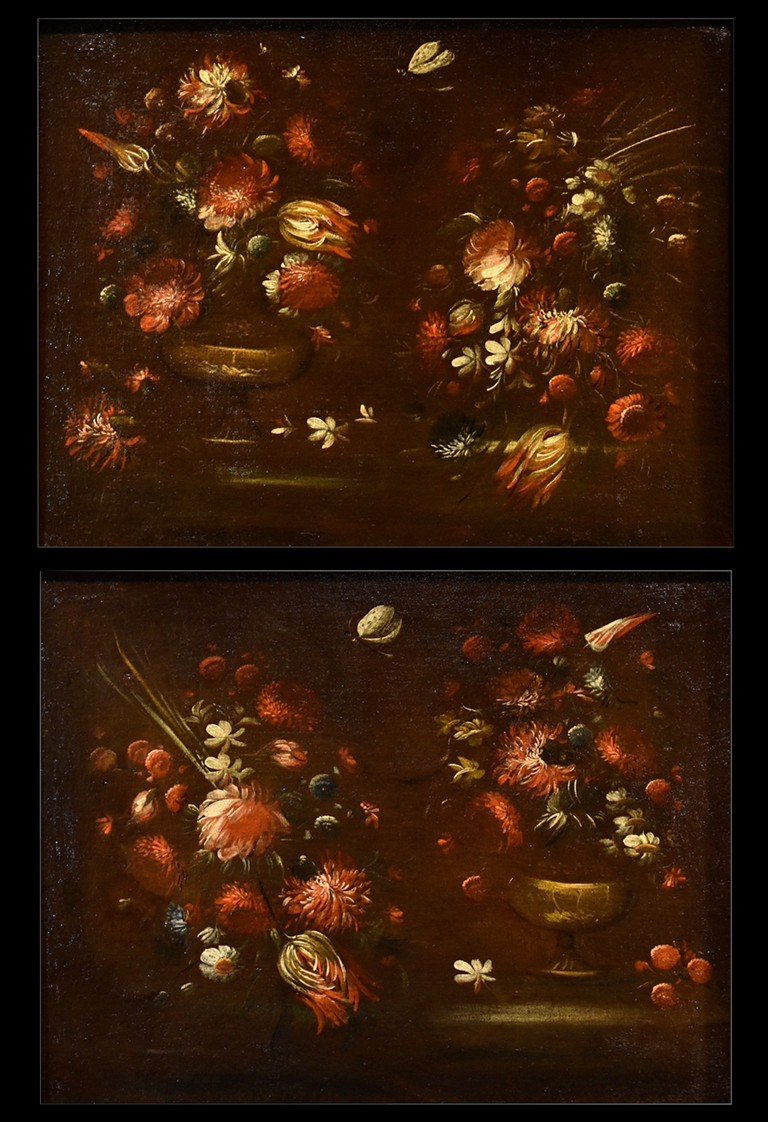 Margherita Caffi (Cremona 1647 – Milano 1710) cerchia, Coppia di nature morte di fiori