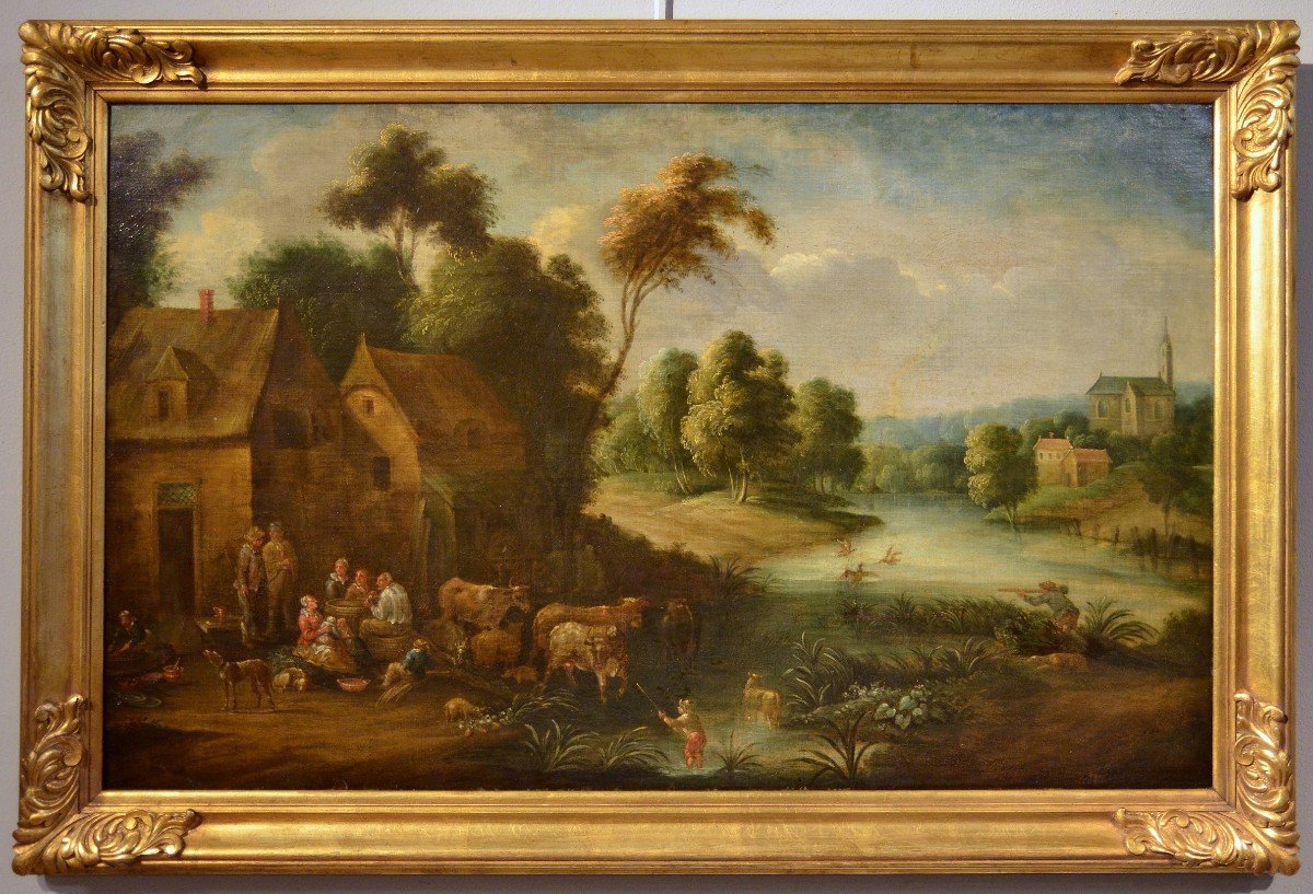 Paesaggio fluviale con scena di villaggio, Adrien Frans Boudewijns (Bruxelles 1644-1711)-photo-2