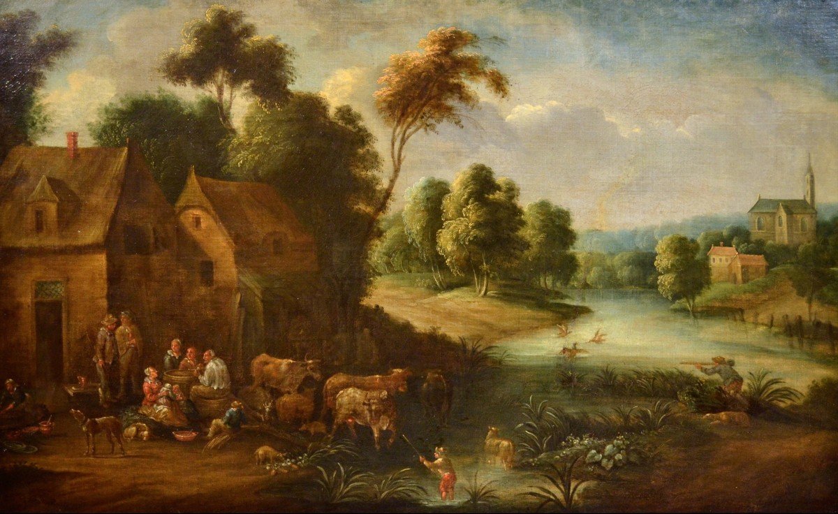 Paesaggio fluviale con scena di villaggio, Adrien Frans Boudewijns (Bruxelles 1644-1711)