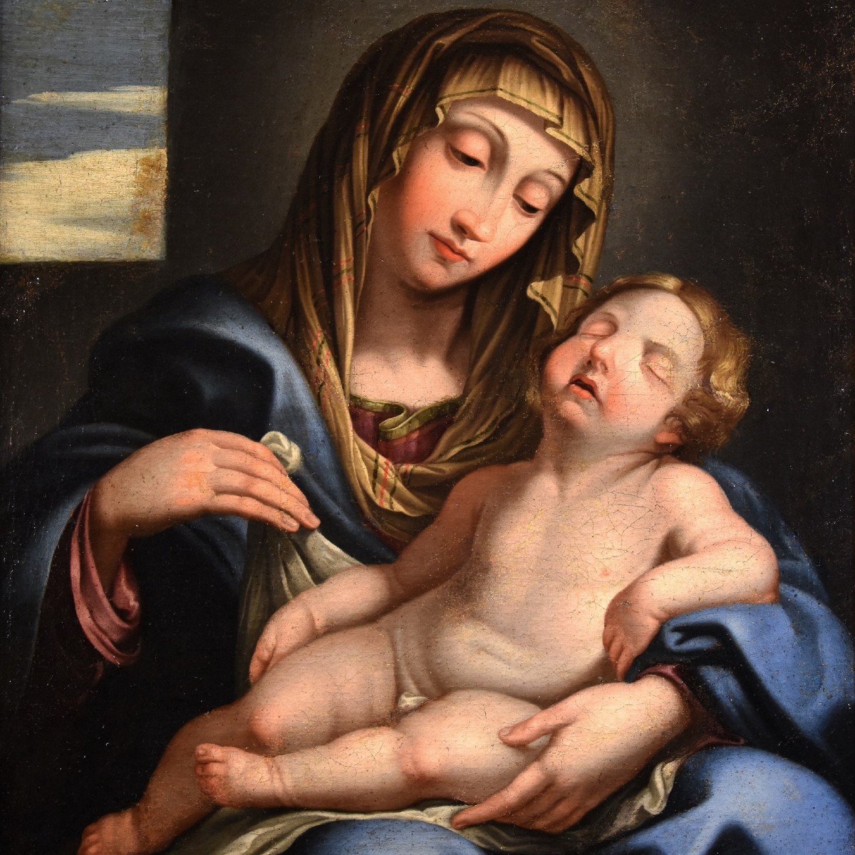 Madonna con il bambino dormiente, Giovan Battista Salvi (1609 - 1685) Cerchia