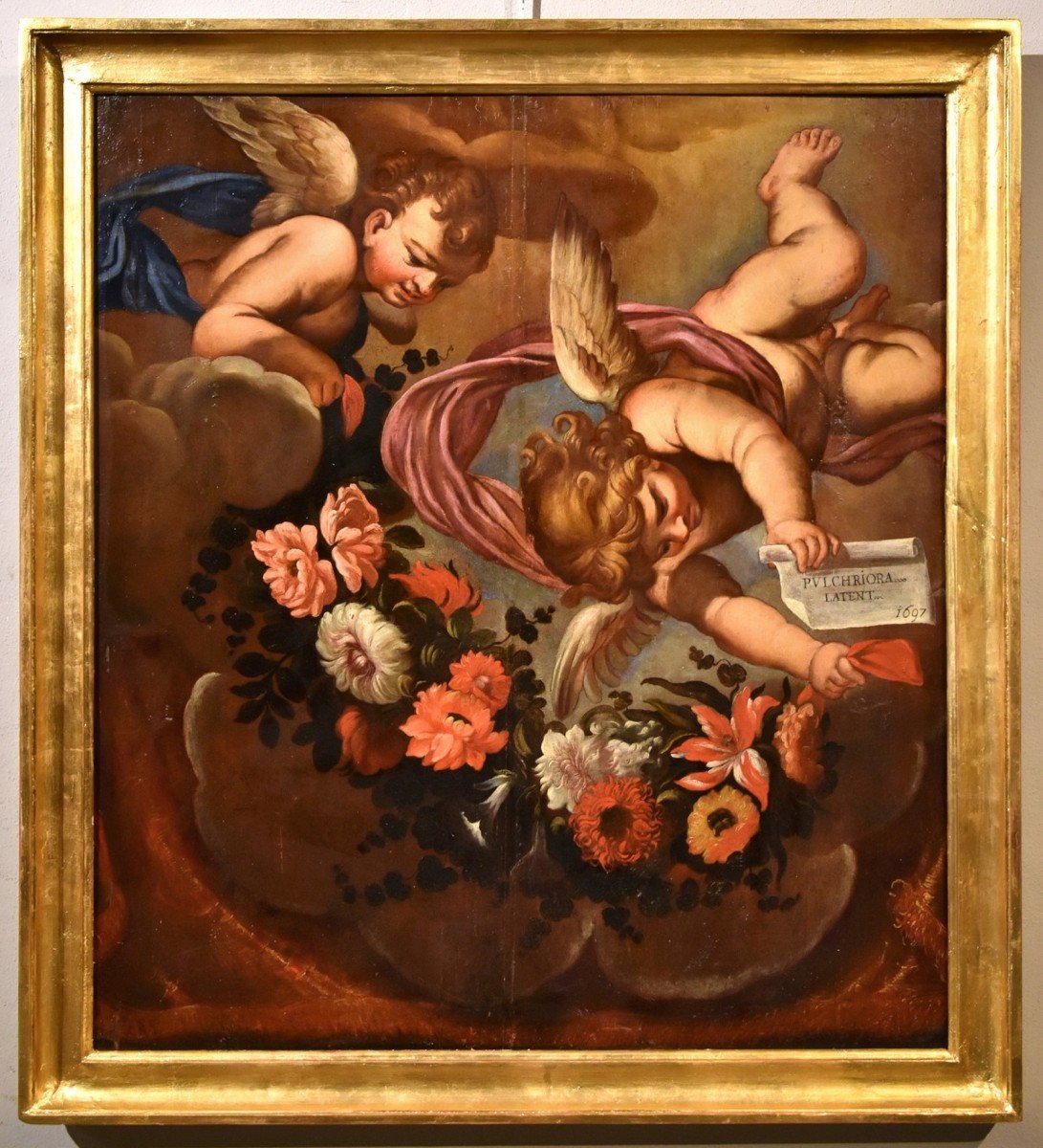 Coppia di angeli con festone floreale, Carlo Maratta (Camerano, 1625 - Roma, 1713) Bottega di -photo-2