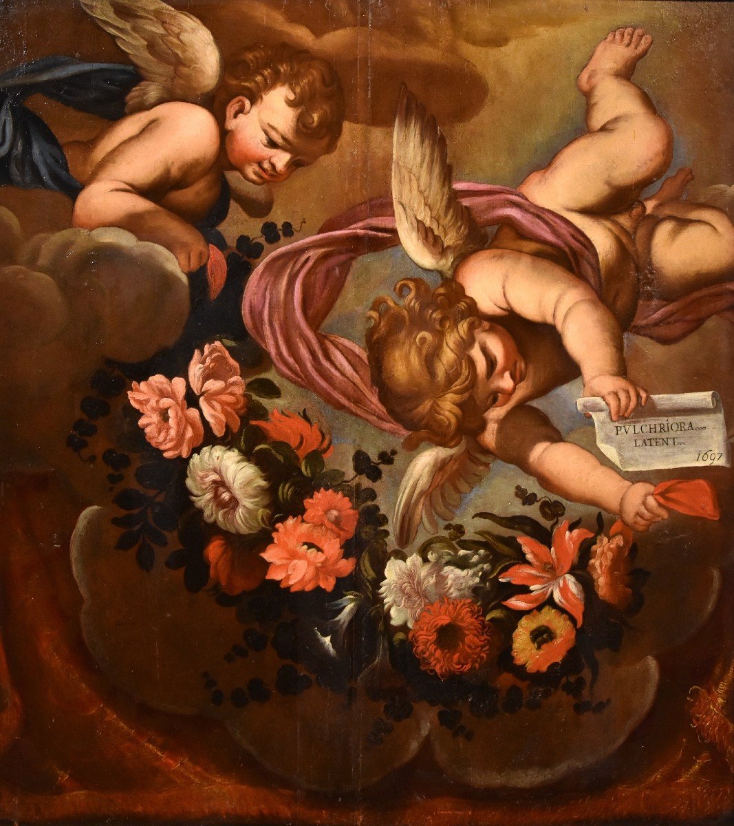 Coppia di angeli con festone floreale, Carlo Maratta (Camerano, 1625 - Roma, 1713) Bottega di 