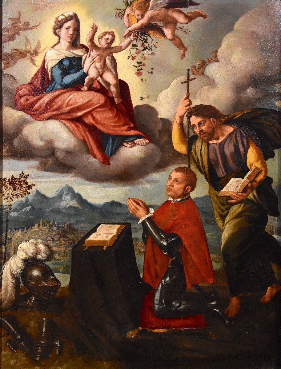 Madonna con Bambino, San Giacomo e il donatore, Ippolito Scarsella (Ferrara, 1550 - 1620) botte