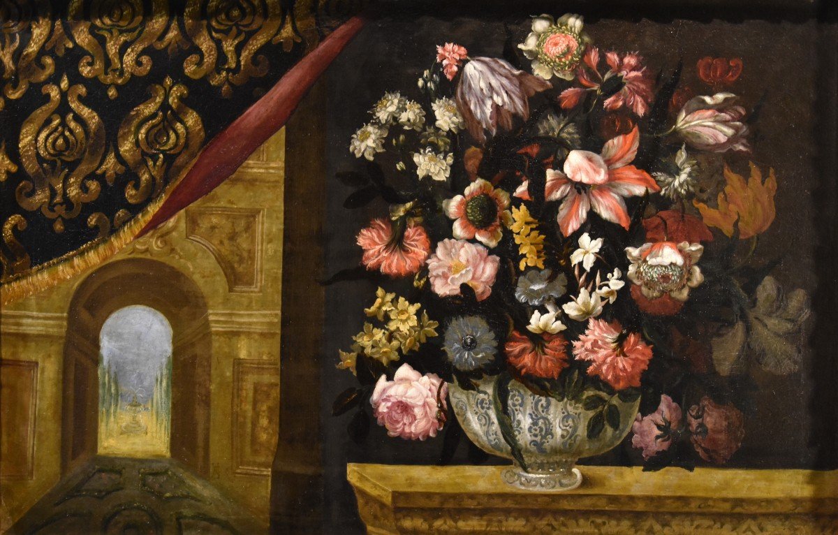 Vaso di fiori con scorcio architettonico e giardini, Antonio Gianlisi II (1677 - 1727)-photo-2