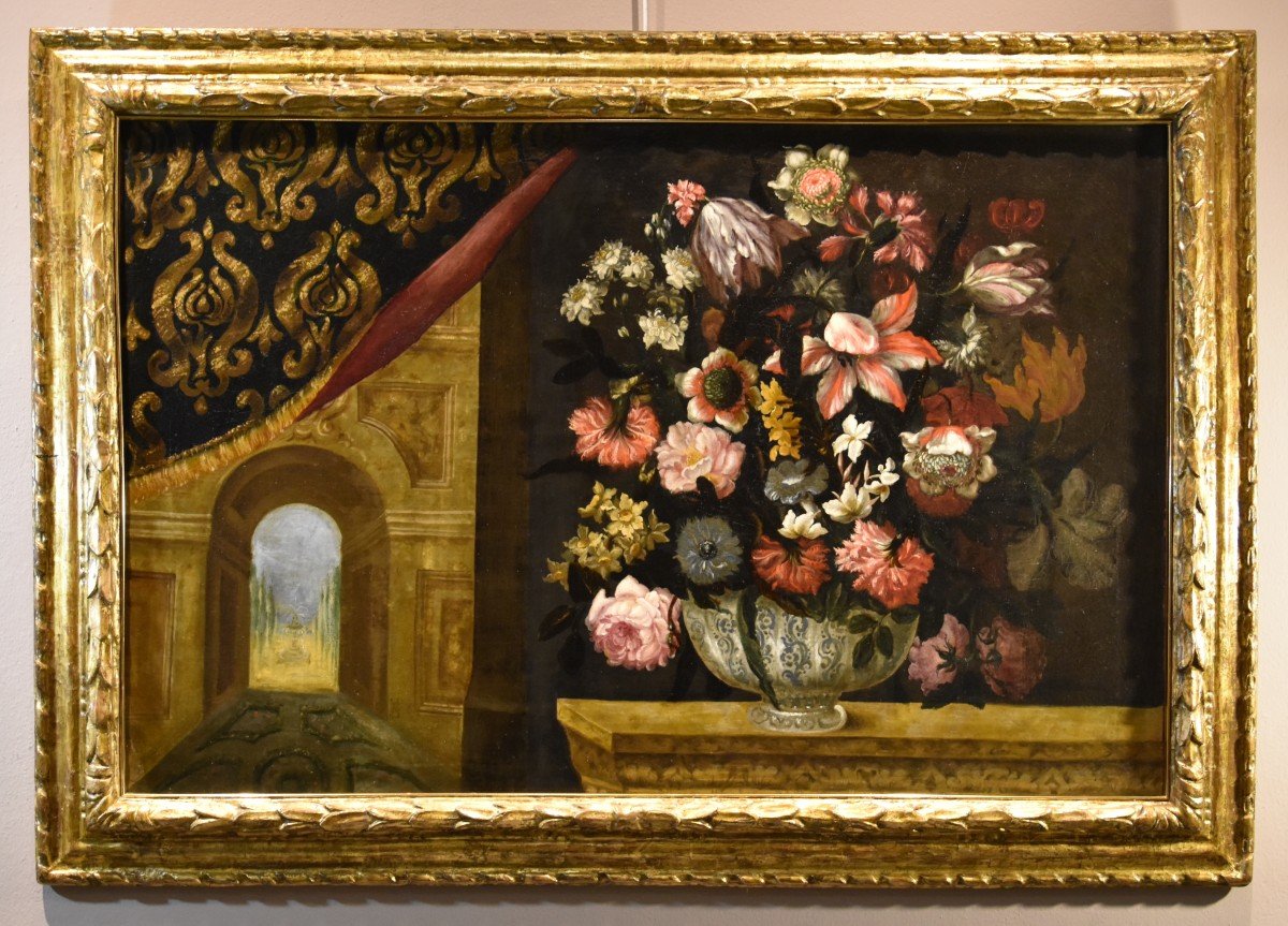 Vaso di fiori con scorcio architettonico e giardini, Antonio Gianlisi II (1677 - 1727)