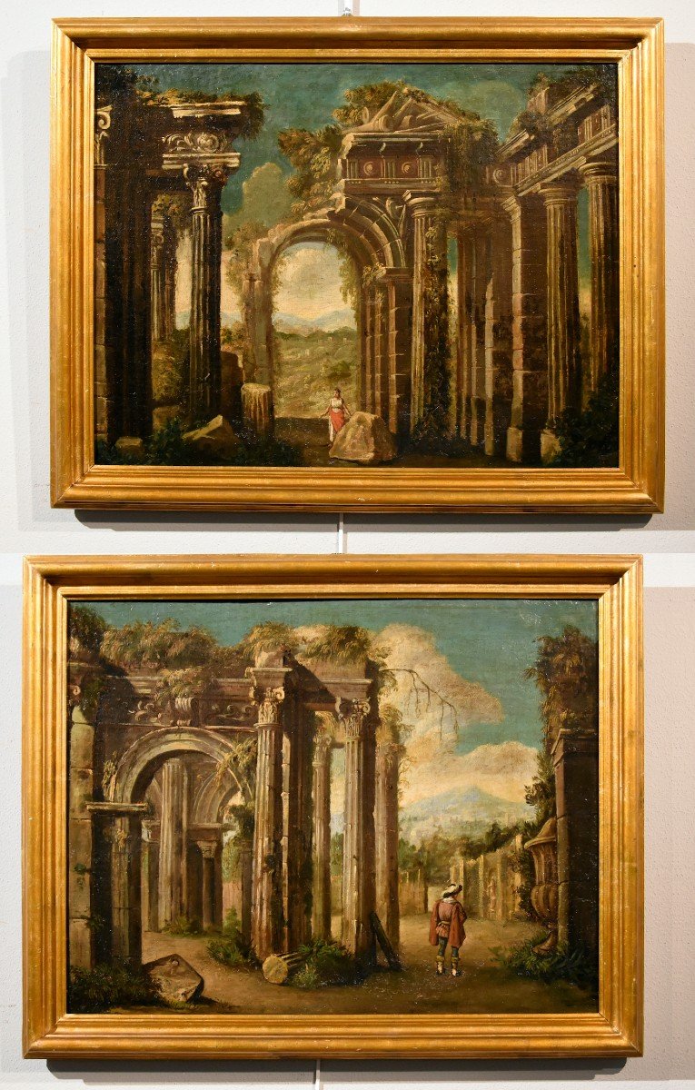 Coppia di capricci con rovine classiche, Niccolò Codazzi (Napoli 1642 - Genova 1693) seguace