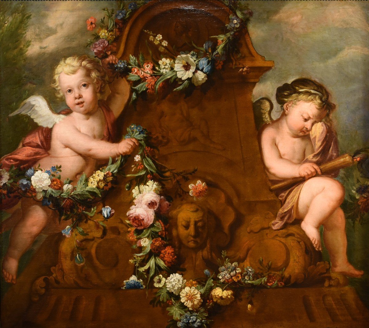 Jacob De Wit (Amsterdam, 1695 - 1754), Coppia di amorini con ghirlanda di fiori