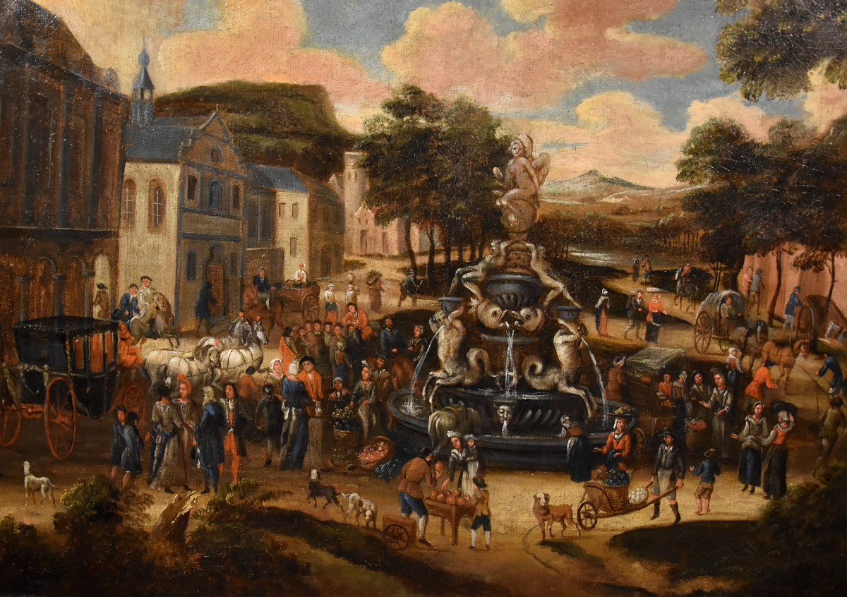 La piazza di un villaggio con scena di mercato, scuola olandese 1700 circa-photo-2