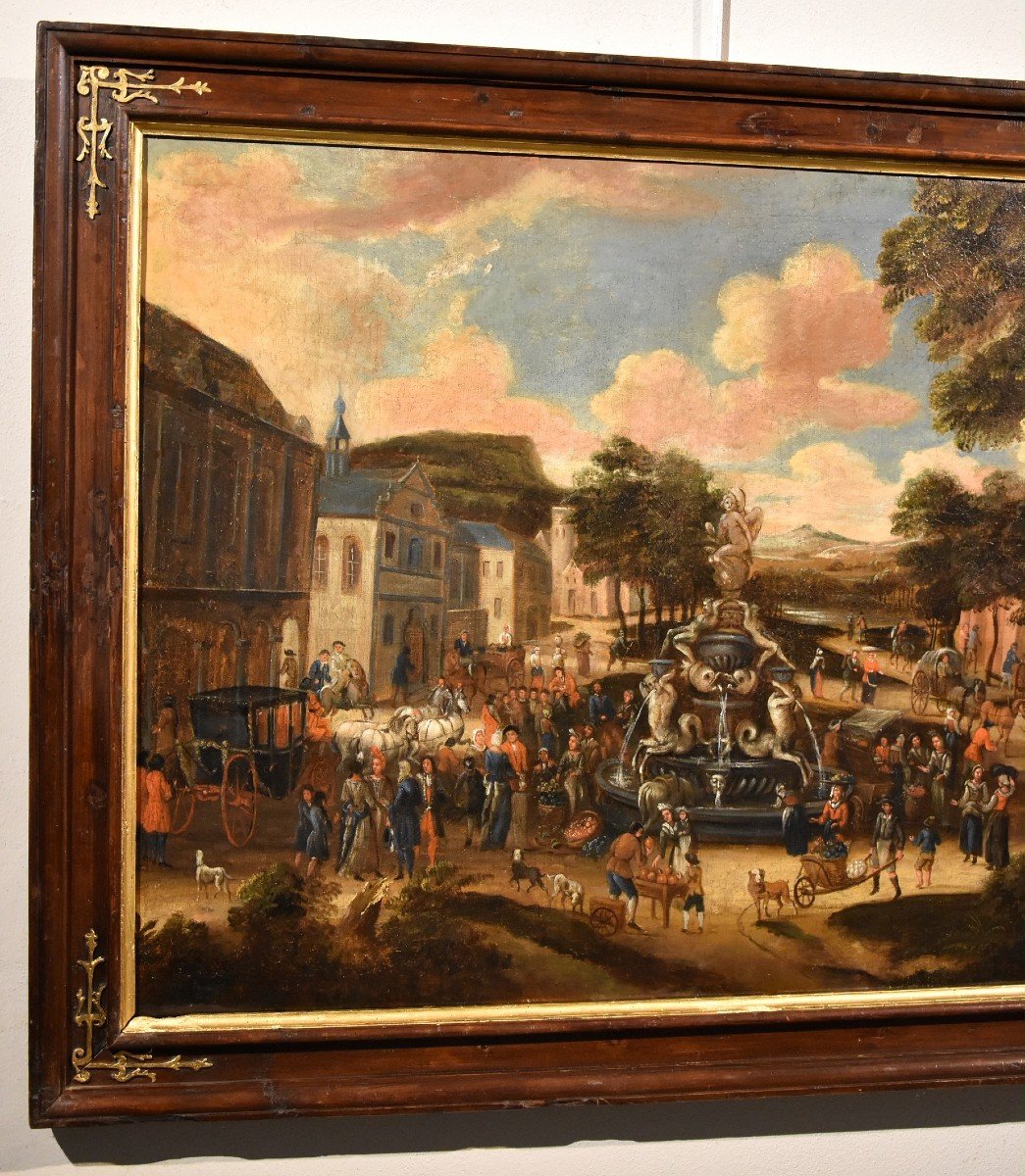 La piazza di un villaggio con scena di mercato, scuola olandese 1700 circa-photo-3