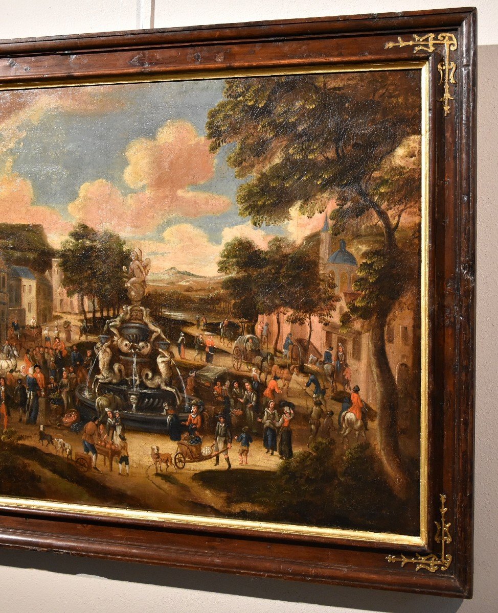 La piazza di un villaggio con scena di mercato, scuola olandese 1700 circa-photo-4