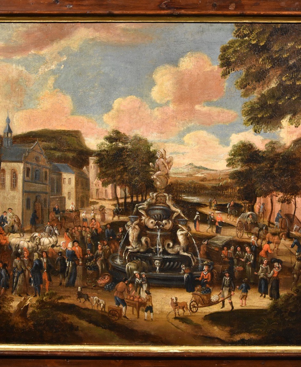 La piazza di un villaggio con scena di mercato, scuola olandese 1700 circa-photo-2