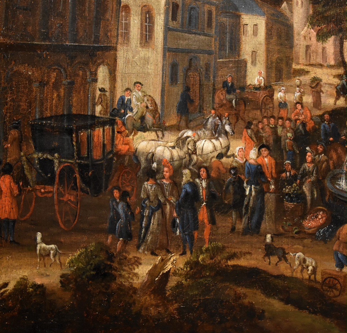 La piazza di un villaggio con scena di mercato, scuola olandese 1700 circa-photo-3