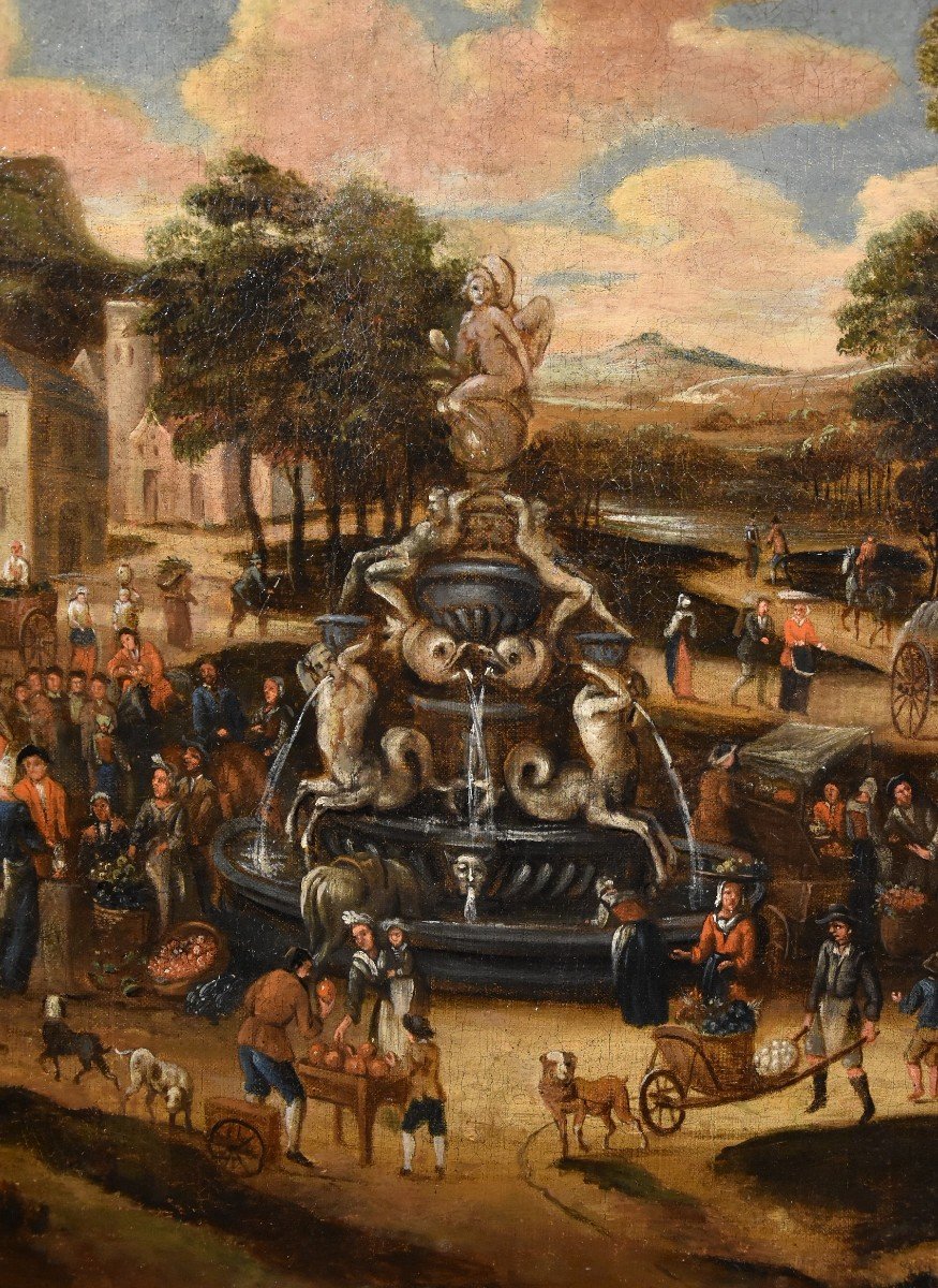 La piazza di un villaggio con scena di mercato, scuola olandese 1700 circa-photo-5