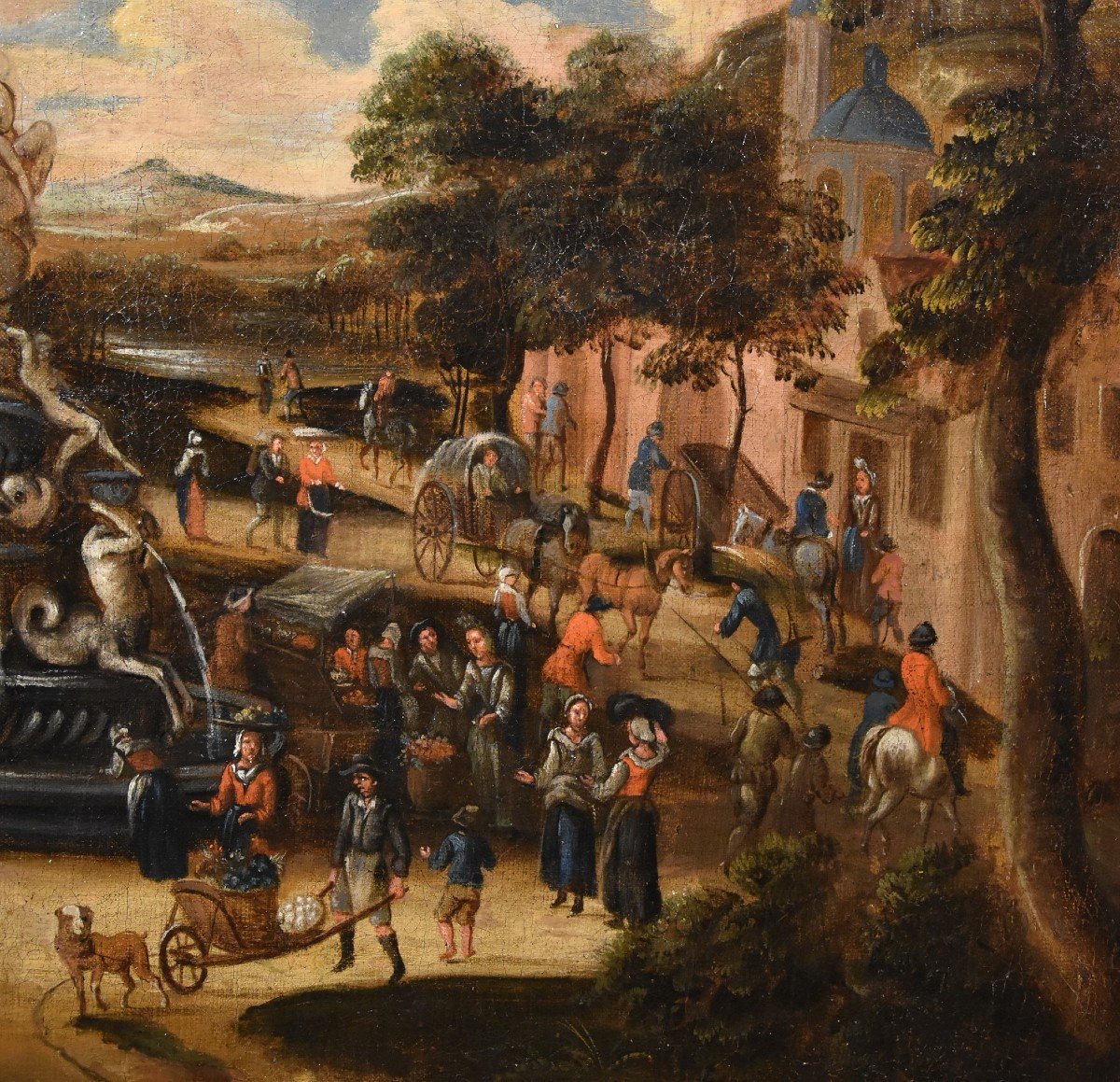 La piazza di un villaggio con scena di mercato, scuola olandese 1700 circa-photo-7