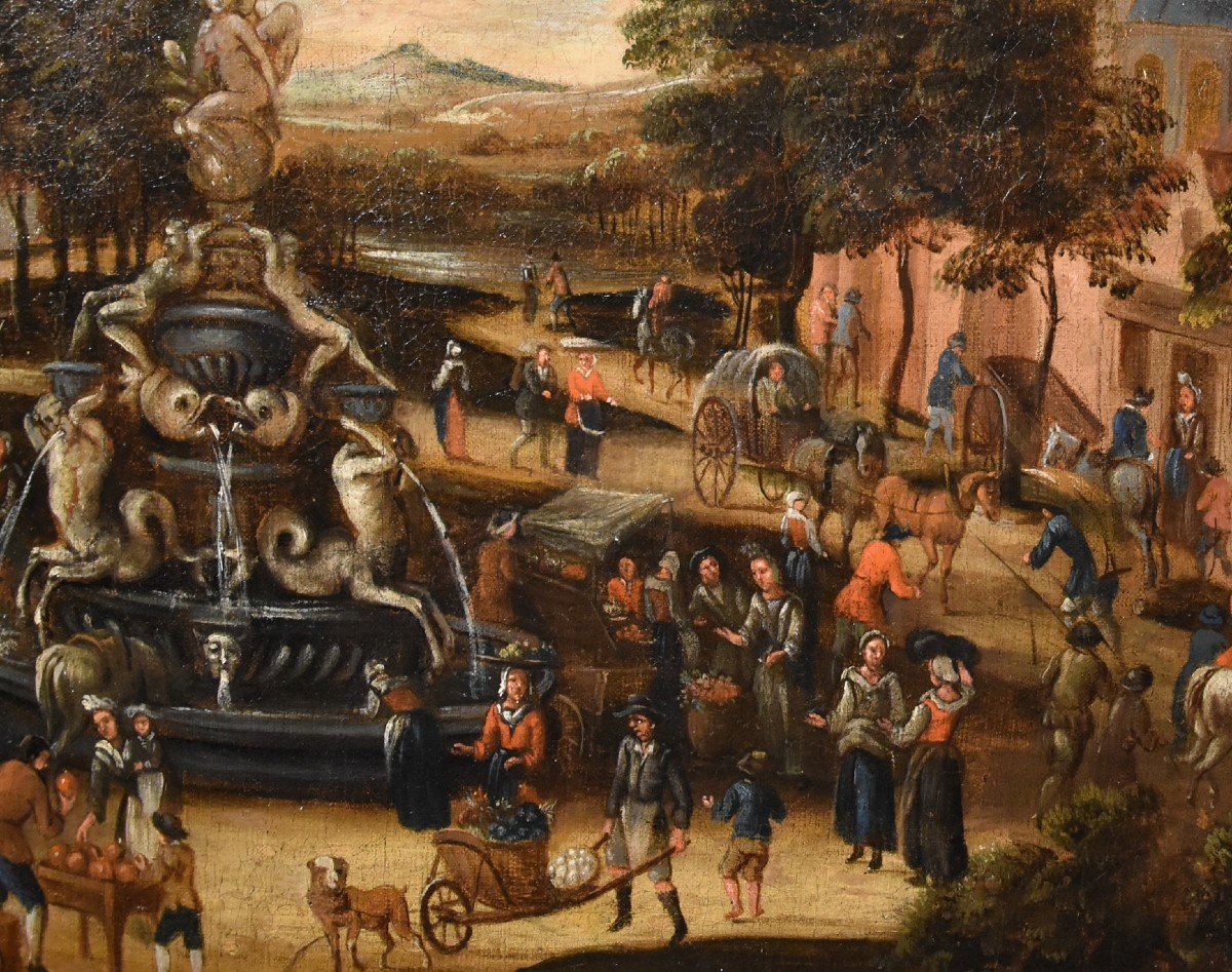 La piazza di un villaggio con scena di mercato, scuola olandese 1700 circa-photo-8