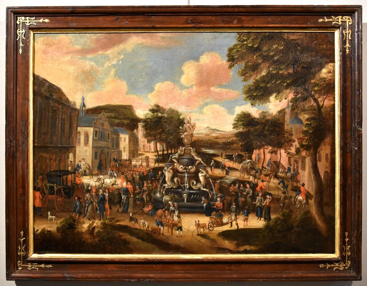 La piazza di un villaggio con scena di mercato, scuola olandese 1700 circa