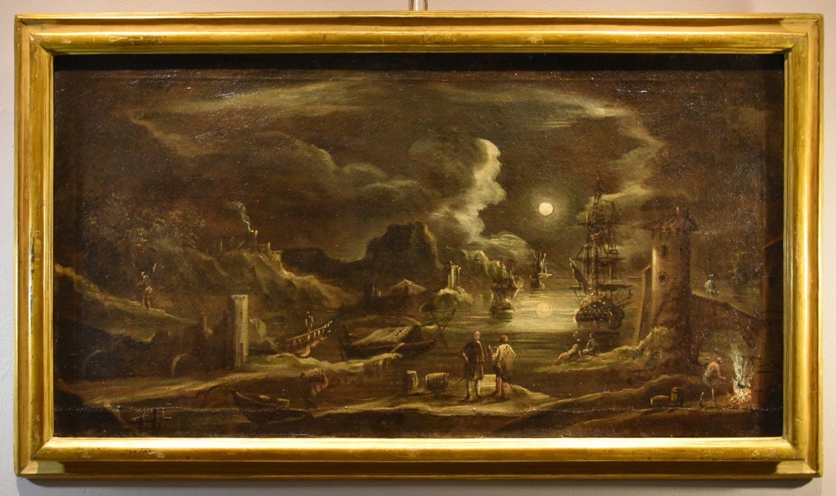 Veduta portuale al chiaro di luna, Giovanni Grevenbroeck  (Paesi Bassi, 1650 ca. – Milano 1699)