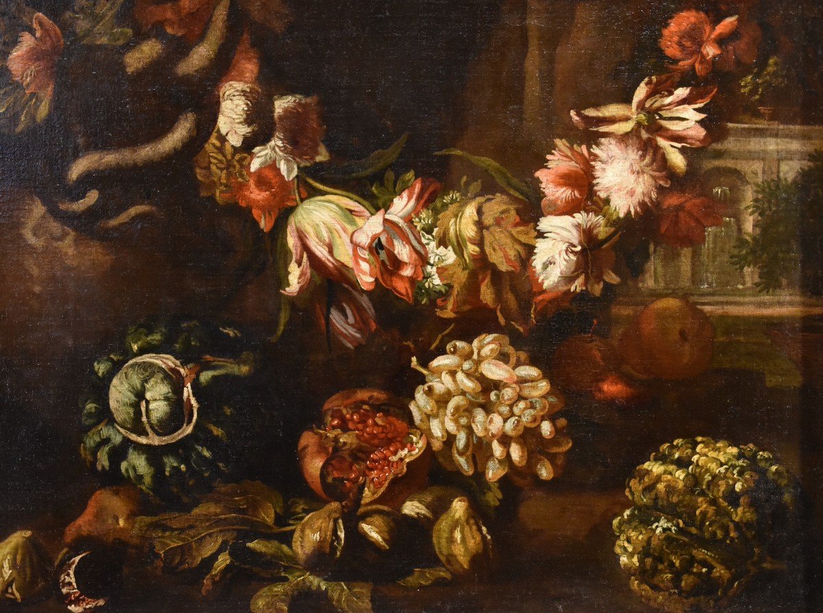 Aniello Ascione (Napoli, notizie dal 1680 al 1708), Natura morta con festone di fiori e frutta-photo-6