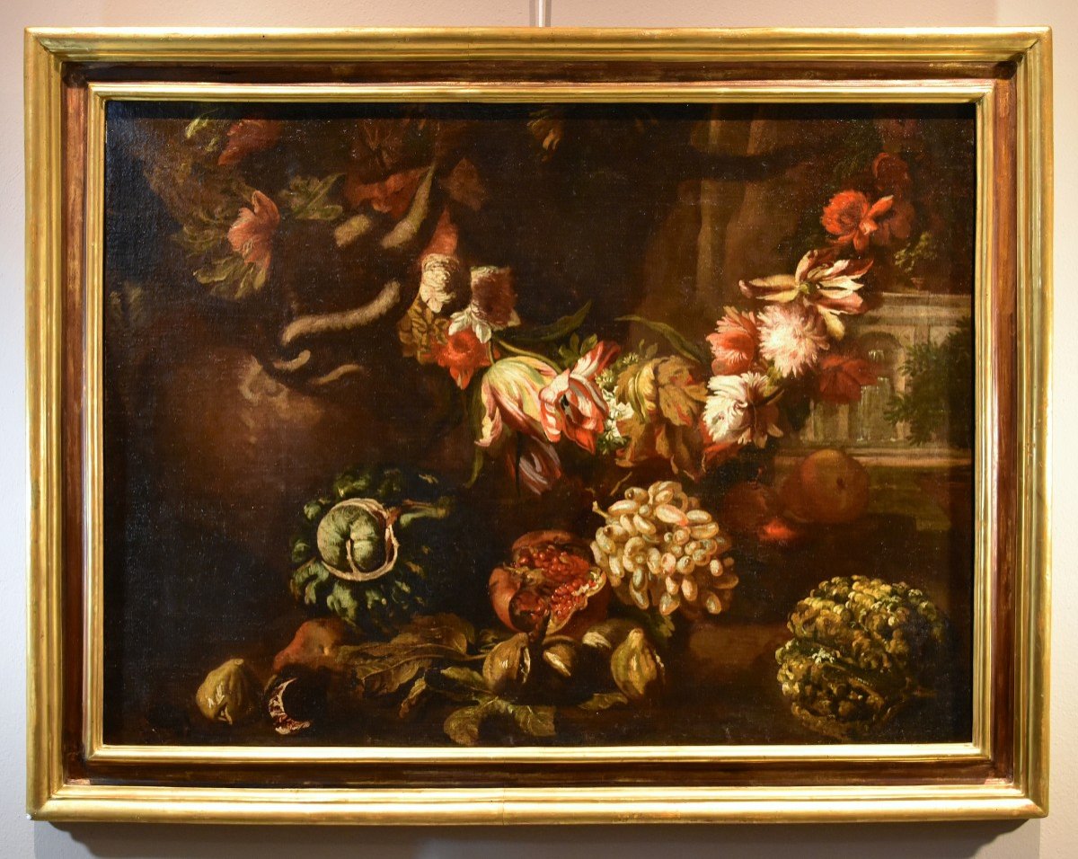 Aniello Ascione (Napoli, notizie dal 1680 al 1708), Natura morta con festone di fiori e frutta