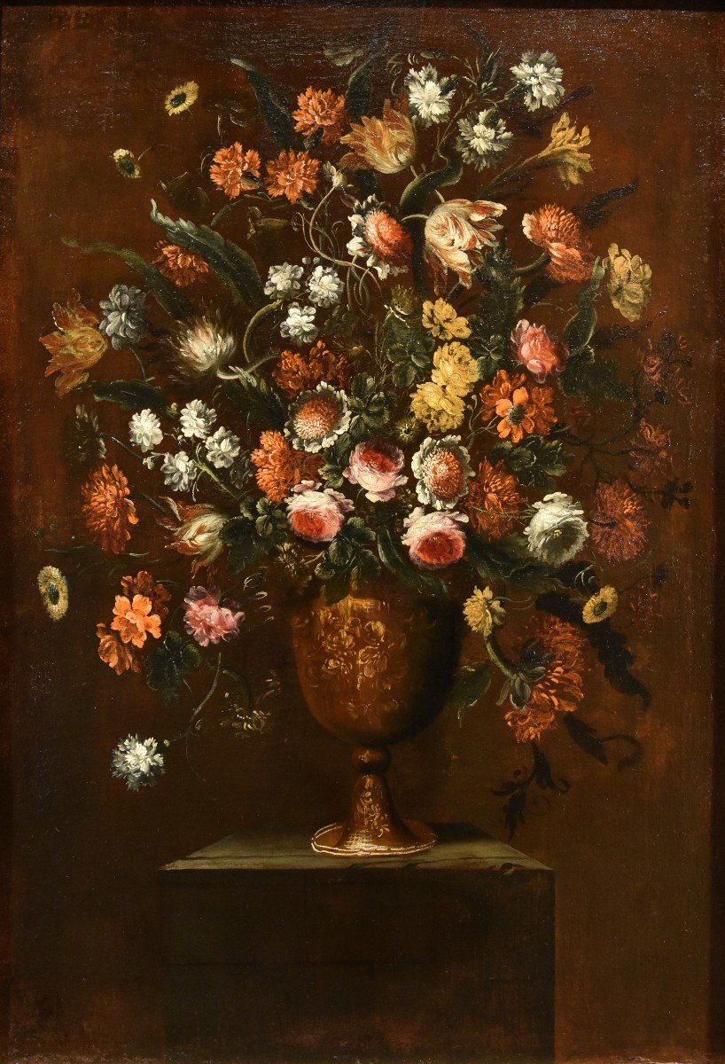 Andrea Scacciati (Firenze 1642–1710) Composizione di fiori entro vaso sbalzato (1 di 3)-photo-2