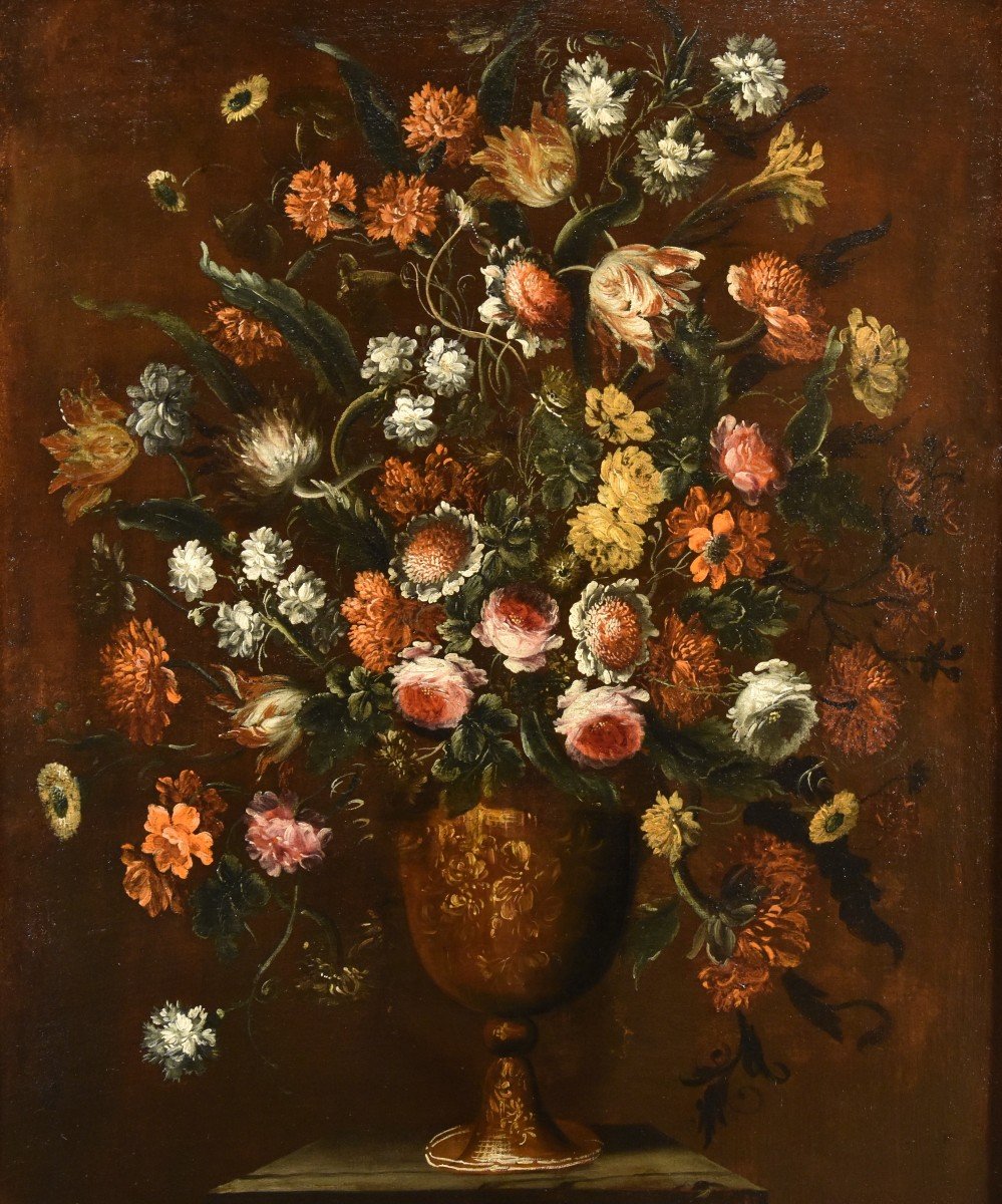 Andrea Scacciati (Firenze 1642–1710) Composizione di fiori entro vaso sbalzato (1 di 3)-photo-1