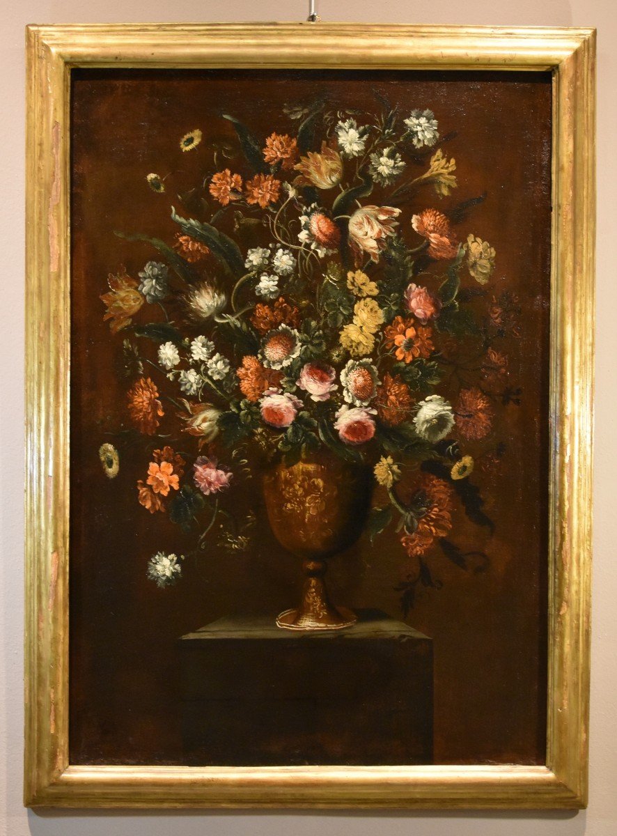 Andrea Scacciati (Firenze 1642–1710) Composizione di fiori entro vaso sbalzato (1 di 3)