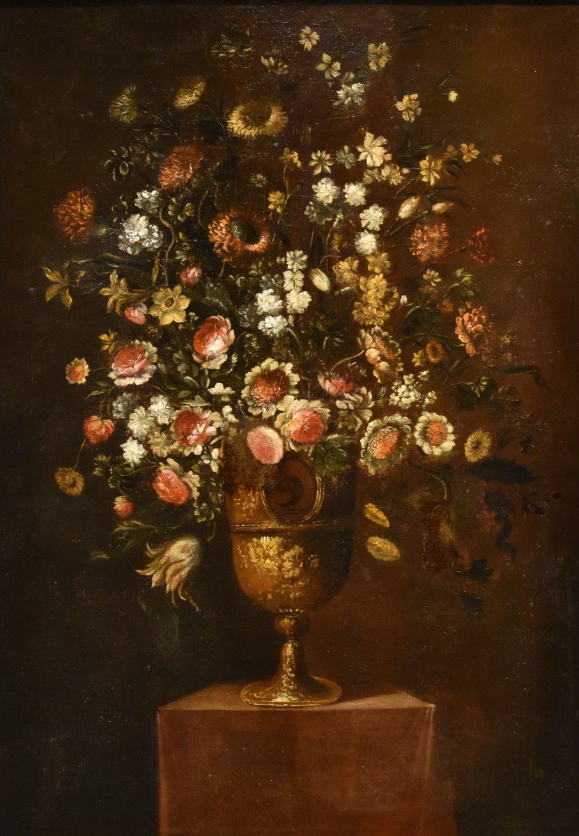 Andrea Scacciati (Firenze 1642 – 1710) Composizione di fiori entro vaso sbalzato (2 di 3)-photo-1