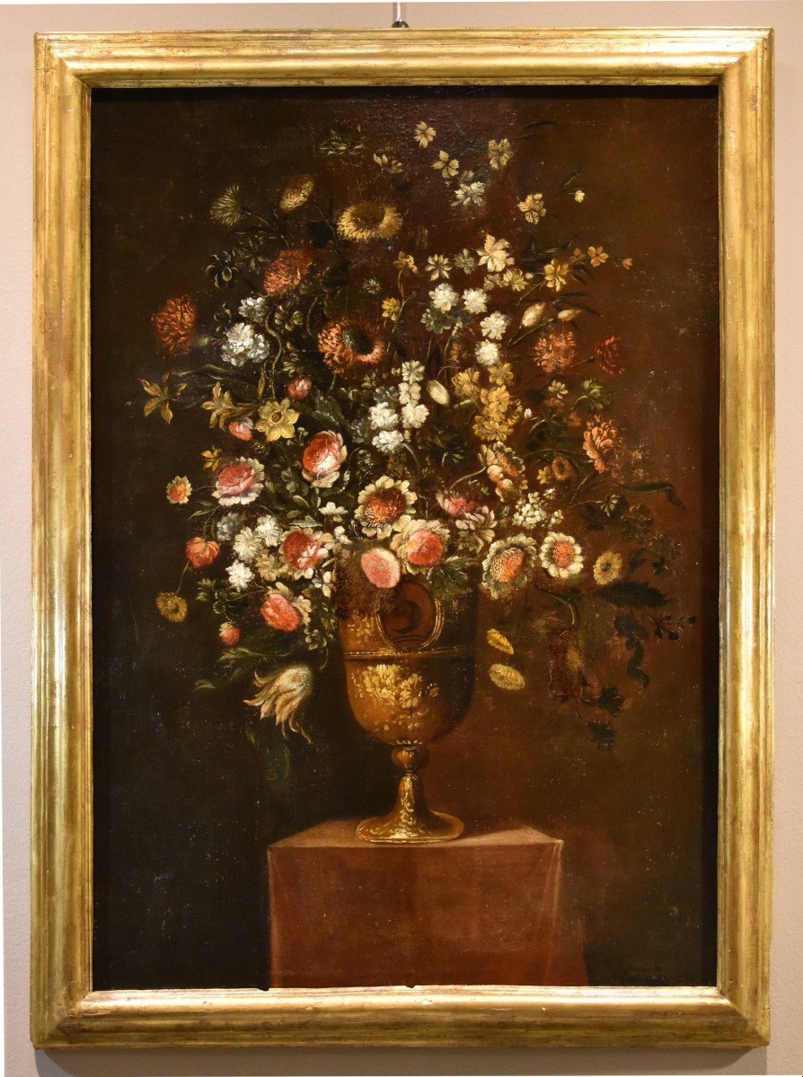 Andrea Scacciati (Firenze 1642 – 1710) Composizione di fiori entro vaso sbalzato (2 di 3)