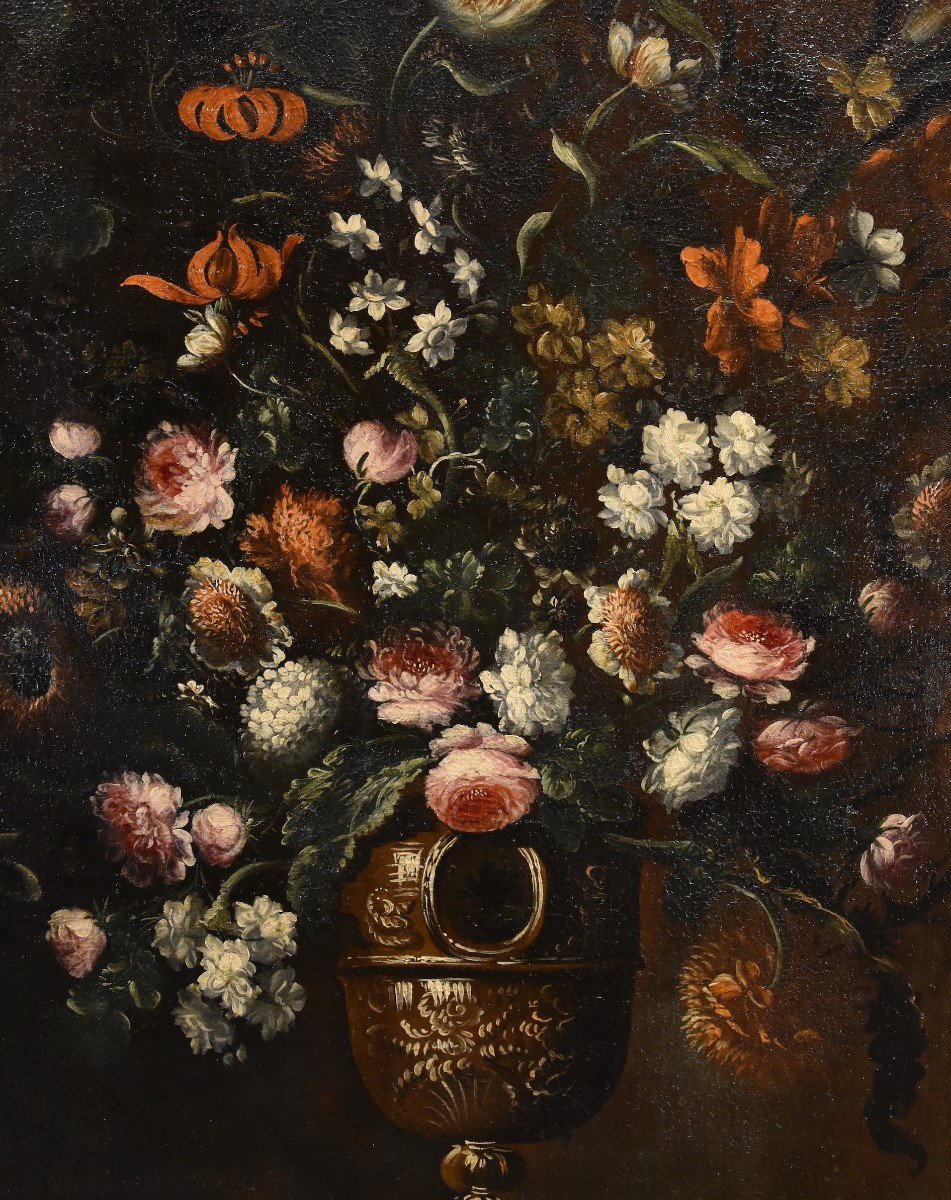 Andrea Scacciati (Firenze 1642 – 1710) Composizione di fiori entro vaso sbalzato (3 di 3)-photo-3