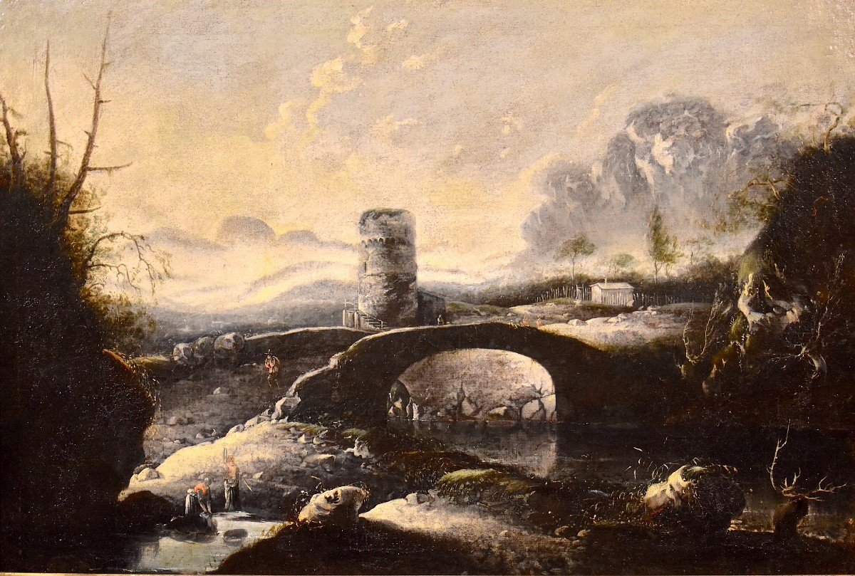 Paesaggio invernale fantastico con ponte, Hans de Jode (L'Aia, 1630 – Vienna, 1663)