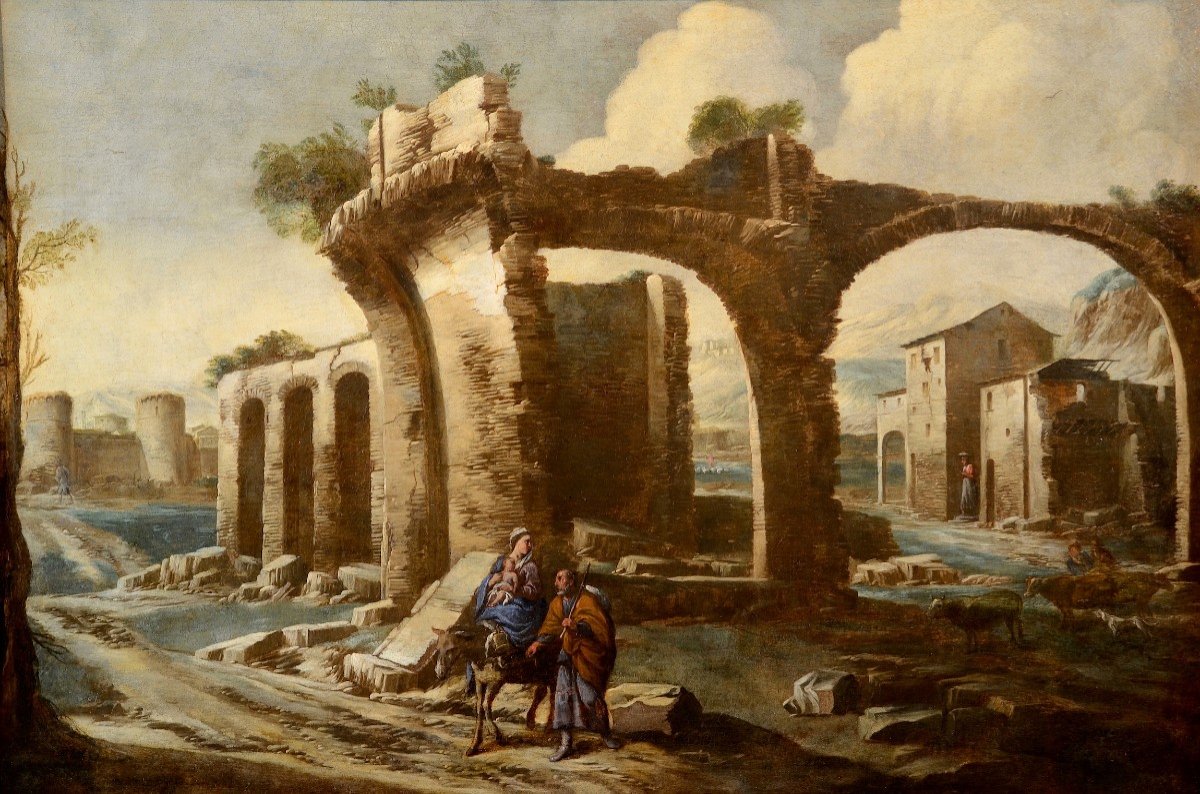 Antonio Travi (Sestri Ponente 1608 - Genova 1665), Paesaggio con rovine e scena biblica