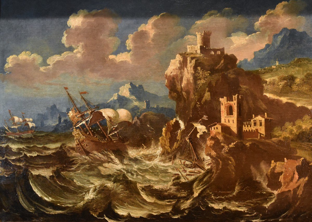 Pieter Mulier (Haarlem, 1637 - Milano, 1701), Marina in tempesta con vascelli, 