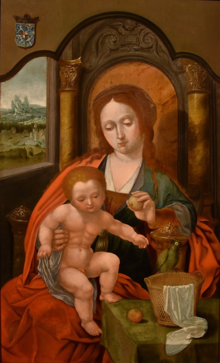 Madonna in trono con Bambino, Maestro del Pappagallo (Anversa, primi del XVI secolo), seguace