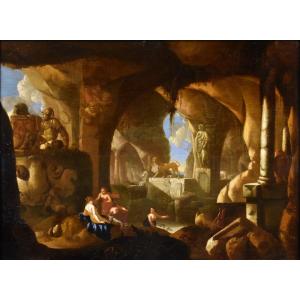 Diana e le ninfe al bagno in una grotta, Jacques Muller (Utrecht 1630 - 1680) Firmato: ‘J. Mull