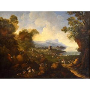 Pandolfo Reschi (1643 - 1699 ), Paesaggio costiero con città fortificata, torrione, e scena di 