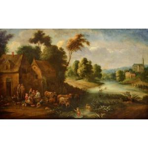 Paesaggio fluviale con scena di villaggio, Adrien Frans Boudewijns (Bruxelles 1644-1711)