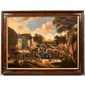 La piazza di un villaggio con scena di mercato, scuola olandese 1700 circa