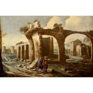 Antonio Travi (Sestri Ponente 1608 - Genova 1665), Paesaggio con rovine e scena biblica