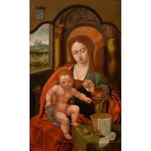 Madonna in trono con Bambino, Maestro del Pappagallo (Anversa, primi del XVI secolo), seguace