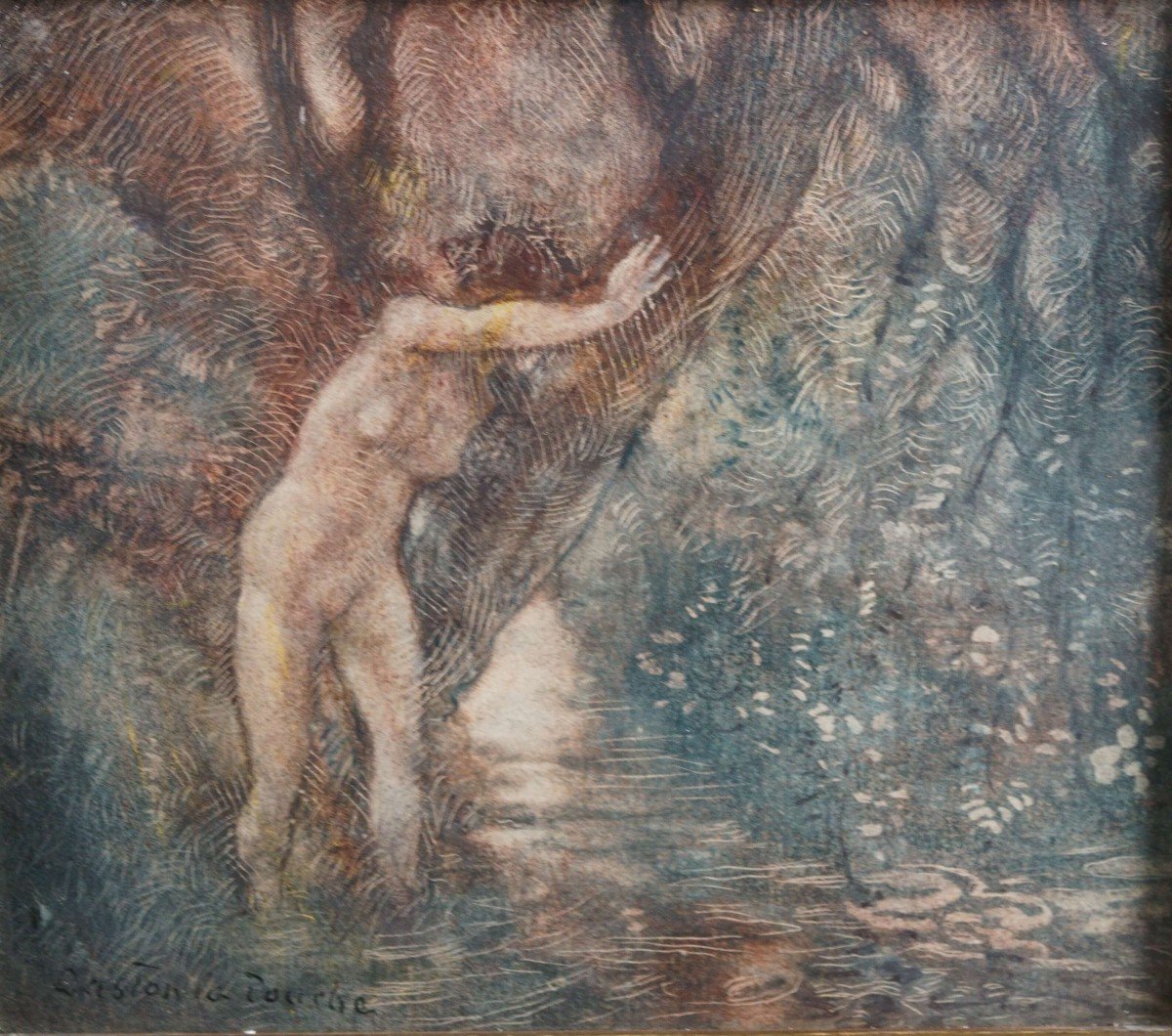 Gaston La Touche (1854-1913) "Ninfa nella foresta" Acquerello su Carta