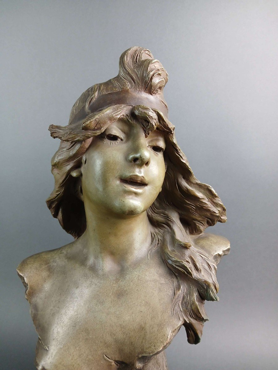 Alfred Jean Foretay "Elegie" Busto Art Nouveau in Terracotta Policroma Firmato circa 1900-photo-2