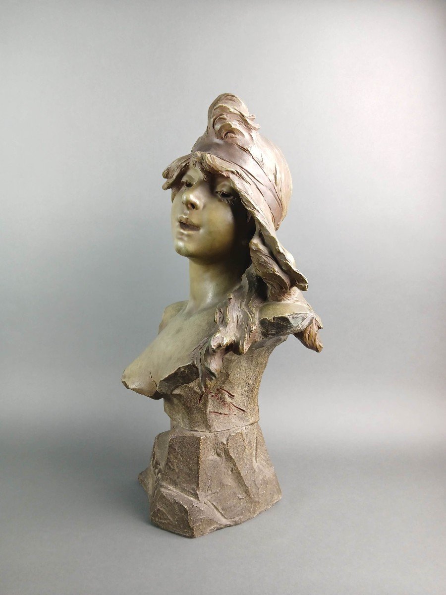 Alfred Jean Foretay "Elegie" Busto Art Nouveau in Terracotta Policroma Firmato circa 1900-photo-3