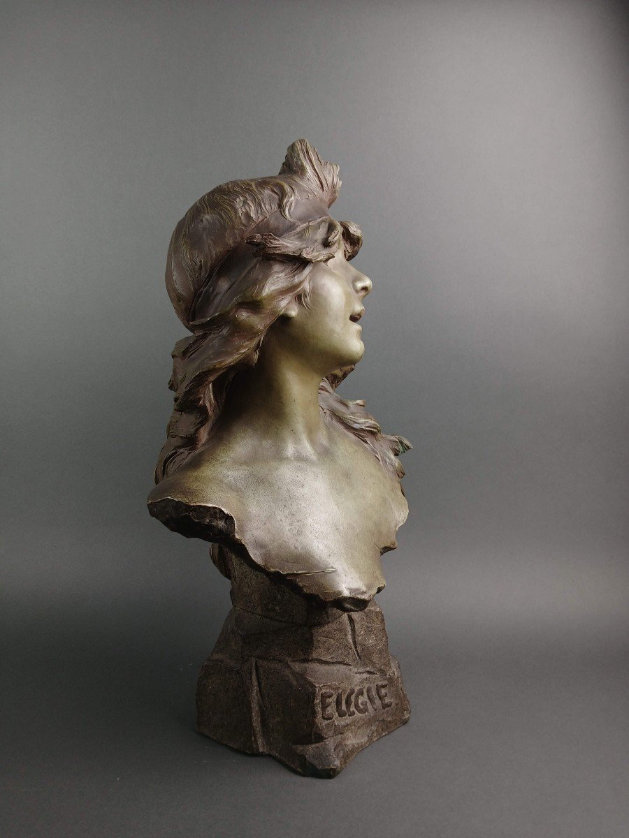 Alfred Jean Foretay "Elegie" Busto Art Nouveau in Terracotta Policroma Firmato circa 1900-photo-2