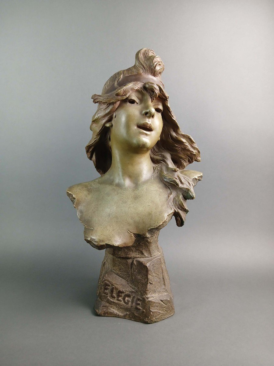 Alfred Jean Foretay "Elegie" Busto Art Nouveau in Terracotta Policroma Firmato circa 1900