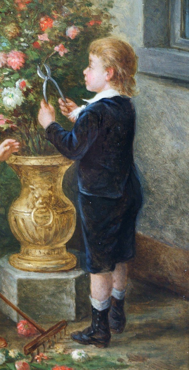 Albert Roosenboom (1845-1893) "I piccoli giardinieri" Dipinto di Bambini in Cornice Dorata-photo-4