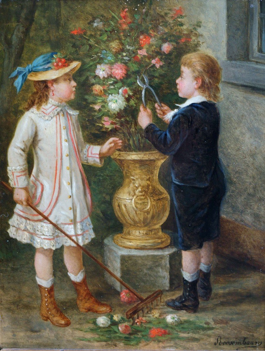 Albert Roosenboom (1845-1893) "I piccoli giardinieri" Dipinto di Bambini in Cornice Dorata